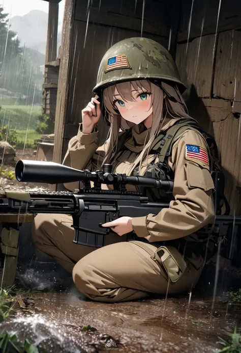 High quality, high definition, high precision images,8k Full HD.1 girl.America,army Modern soldier,sniper rifle,Put on a helmet,(camouflage) 、small hill,its raining,、rifle over your shoulder 、Taking shelter from the rain in an abandoned hut、one rabbit Sitt...