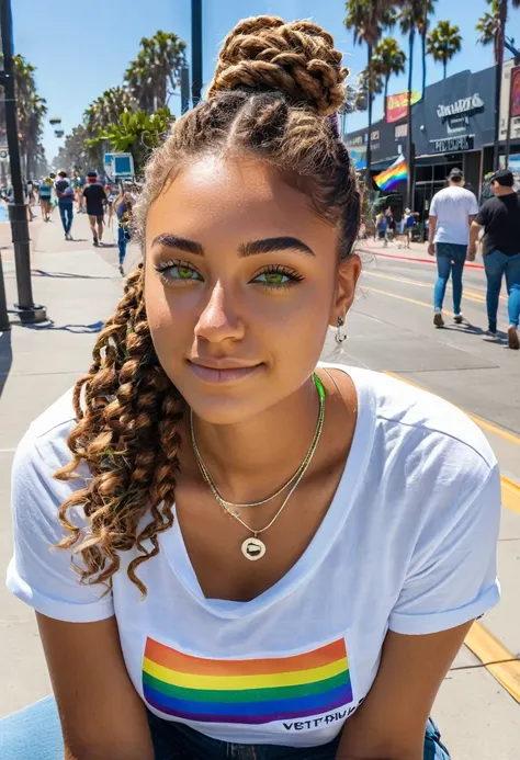 slightly tall young woman, light brown skin, light green eyes. Long brown curly hair with braids, ponytail, white t-shirt with small rectangle pride flag graphic, long dark blue Denim Jeans, necklace, nose piercing, sitting down, transparent lipgloss, slim...