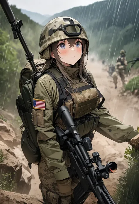 High quality, high definition, high precision images,8k Full HD.1 girl.America,army Modern soldier,sniper rifle,Put on a Current use helmet,(camouflage) 、small hill,its raining,、rifle over your shoulder 、big on the back Backpack,body armor on the body,look...