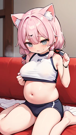 Cat ear、work、Looks very painful、Small face、adult、Very embarrassed look、((Big Breasts))、Very impatient、Trembling、Sweating、Are pregnant、disease、abdomen、abdomen、Wearing gym clothes、Show only your belly、Last month of pregnancy、１One navel、Sitting on the sofa、((...