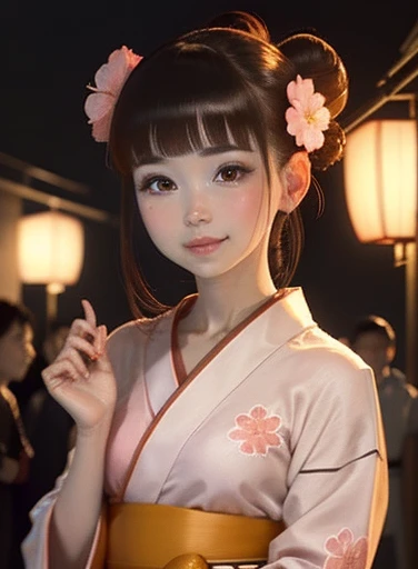 5 biologically correct fingers、Placing hand on face、A close-up of your face、Realistic, Real person, (Pale skin: 1.2), RAW Photos, Realistic, Shiny skin, Shiny Hair、(25 year old woman with bangs) and (Hair Bun) and (Brown Hair) and (Orange eyes) , (yukata) ...