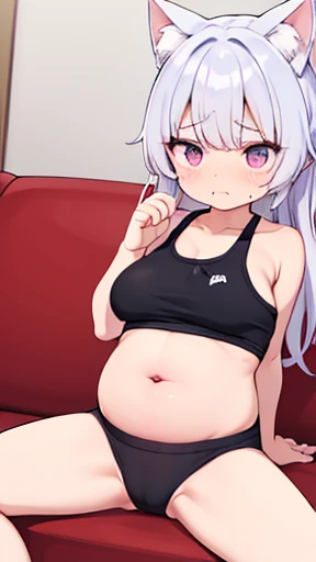 Cat ear、work、Looks very painful、Small face、adult、Very embarrassed look、((Big Breasts))、Very impatient、Trembling、Sweating、Are pregnant、disease、abdomen、abdomen、Wearing gym clothes、Show only your belly、Last month of pregnancy、１One navel、Sitting on the sofa、((...