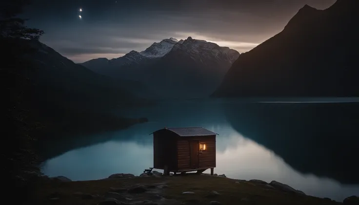 Hiker,Hut,Mountain々, landscape, lake,Film Grain, Speed Effect, night, The starry sky is beautiful. Not a single cloud