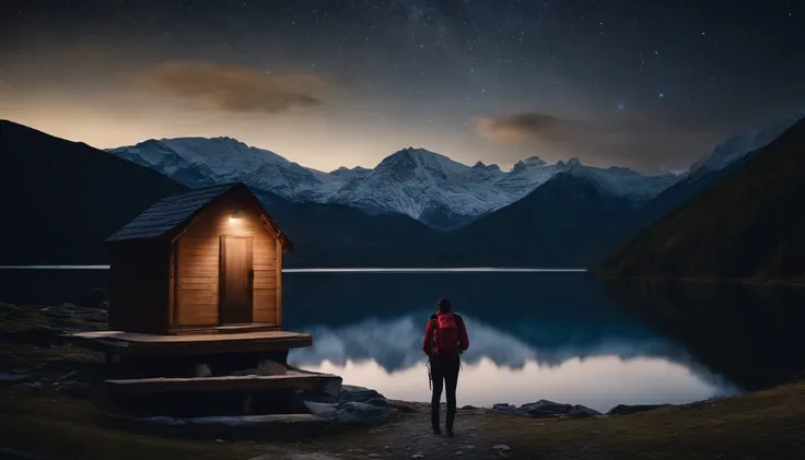 Hiker,Hut,Mountain々, landscape, lake,Film Grain, Speed Effect, night, The starry sky is beautiful. Not a single cloud