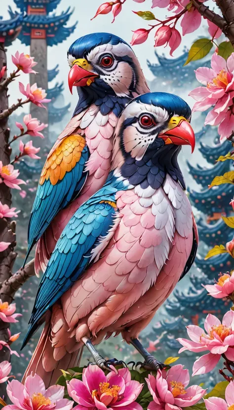 colorful bird sitting on pink flowers，a close-up of a mobile phone，a photo of two birds, ghost festival, colorful birds, wang ch...