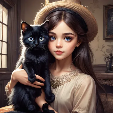 cute young big-eyed witch with a cute very big-eyed black very fluffy kitten, captured in the expressive Jonny Duddle style and reference , airbrushed sketch, elegance emanating through perfectly balanced composition, deep, rich colors contrast against a p...