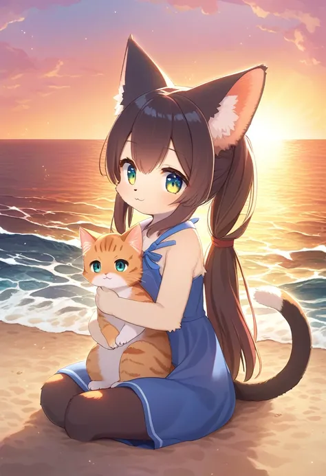 ((Masterpiece)), ((Best Quality)), (Very Detailed), (Very Detailed)), 4K, (8K), very aesthetic, absurdres, highres, 1 girl, furry, (kemono, anthropomorphic cat:1.3), holding a kitten, the kitten is black, a girl and her kitten are sitting on the beach agai...