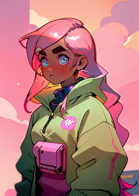 (best quality: 1.2, masterpiece), 1girl, (close up, tan skin, pink hair, very long hair, light eyes, thick eyebrows), cyberpunk, sweatshirt, neon, cloudy sky