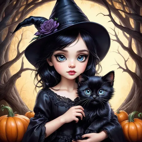 cute young big-eyed witch with a cute very big-eyed black very fluffy kitten, captured in the expressive jonny duddle style and ...