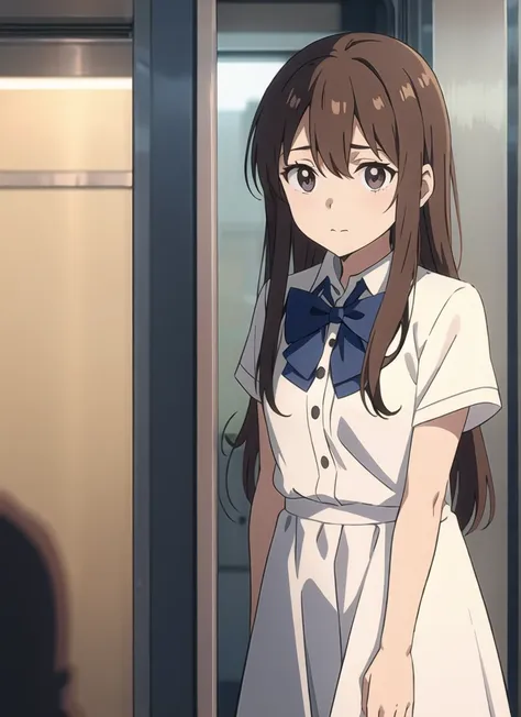 koe no katachi,  shirt, 1girl, collared shirt, long hair, train interior, white shirt, bow, brown hair, short sleeves, letterbox...