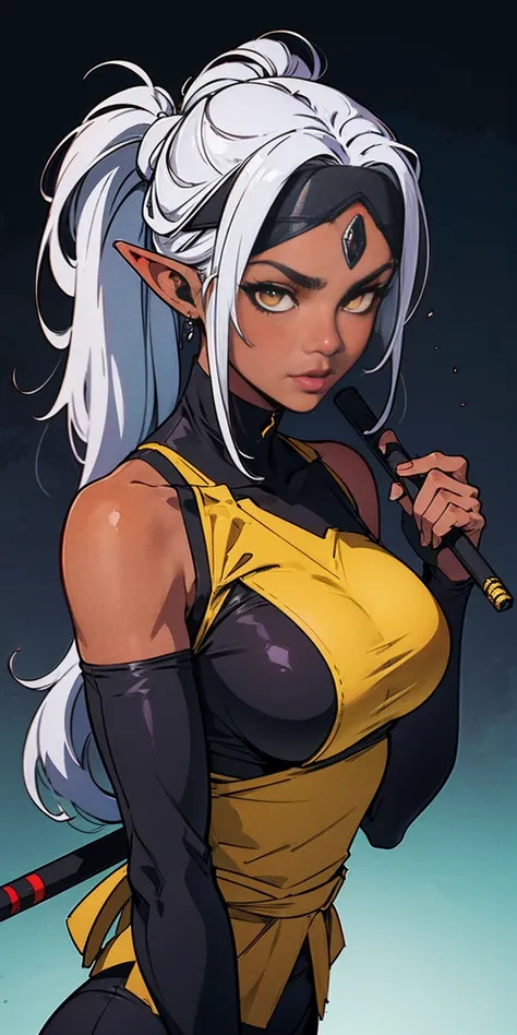 Pirotess dark elf, dark skin, long white hair, circlet, yellow eyes, 1990s (style), ninja Kunoichi, female 1sologirl