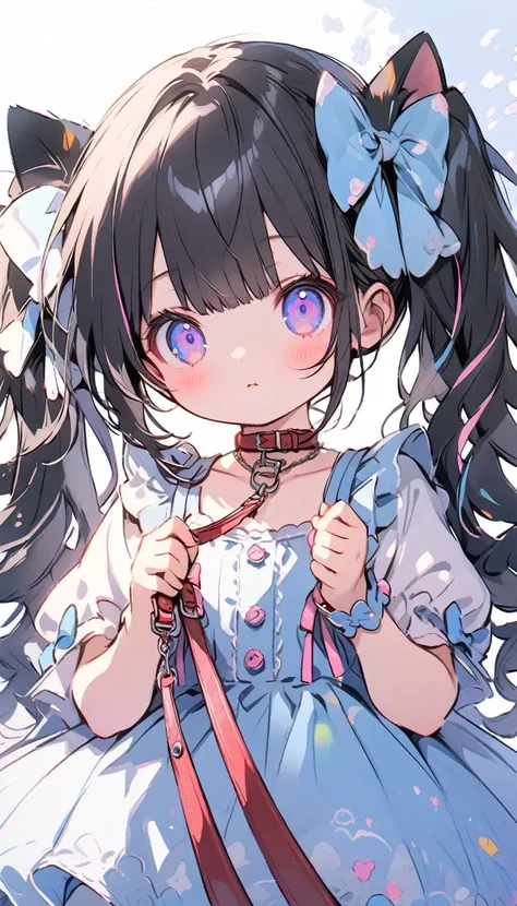 colorful outlines,1girl(small kid,cute,kawaii,age of 10,2pigtails hair,curly hair,hair color cosmic,big eyes,eye color cosmic,cute dress,holding leash), BREAK ,(1cat(leash from neck):1.2), BREAK ,background(beautiful garden,duppled sunlight,flowers), BREAK...