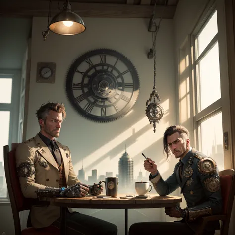 a proper gentleman cyborg steampunk, sitting in a study brewing coffee, large window overlooking city, intricate gears and mechanisms, rugged yet refined details, warm lighting, cinematic composition, high contrast, moody atmosphere, chiaroscuro lighting, ...