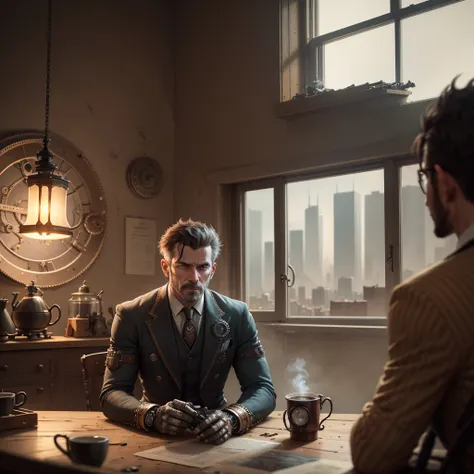 a proper gentleman cyborg steampunk, sitting in a study brewing coffee, large window overlooking city, intricate gears and mechanisms, rugged yet refined details, warm lighting, cinematic composition, high contrast, moody atmosphere, chiaroscuro lighting, ...