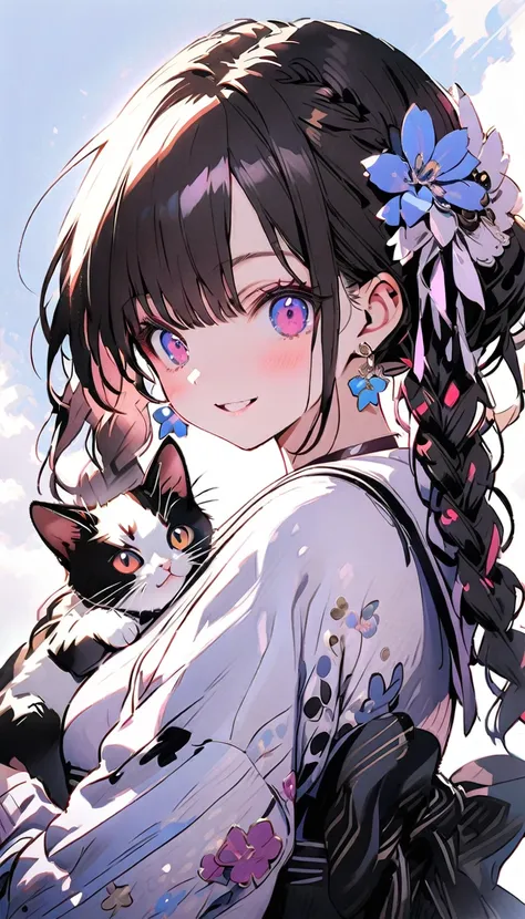 2female\(kawaii,small kid,smile,hair floating,hair color dark red,long braid hair,eye color dark red,big eyes,white fur,red dres...