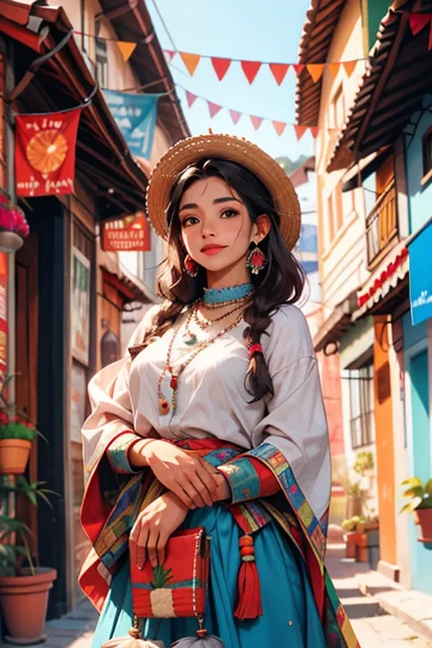 Create an image that represents a cholita from La Paz with the following characteristics:

Apariencia: Cabello largo y negro, peinado en trenzas intrincadas.
Vestimenta: una pollera azul.
Contexto: Carrying a  in an aguayo.
Entorno: Una vibrante escena del...