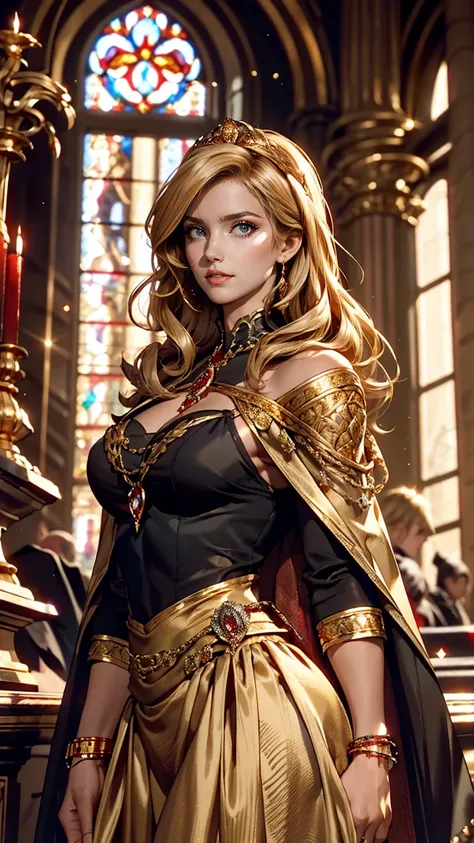 Dark Souls, Dim Light, Old Church, Mature Woman, slim, expensive, Long blonde curly hair, Long black cape, Red leotard with long skirt, Long skirt with diamonds, Gold bracelet, 8k, Official Style, European aristocracy, 