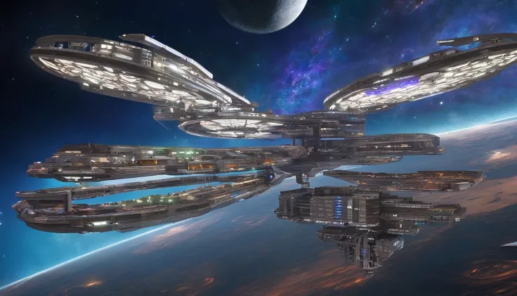 (((The space station is massively bigger than Babylon 5, but in the shape of Deep Space 9))). (((The space station has 6 ONeal Class space stations off in 5 directions, & 1 down the middle))). Its 10 times bigger than Saturn, and generates its own power. T...