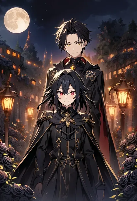 2boy, {(Hyakuya Mikaela) (Swort Art Online), (short black hair), (ruby red eyes):1.2, black costume, bangs, smiling gently, black cape, sword, ((ultra-detailed)), ((illustration)), ((neat hair)), (beautiful detailed eyes), male}, {(Hyakuya Yuuichiro) (Swor...