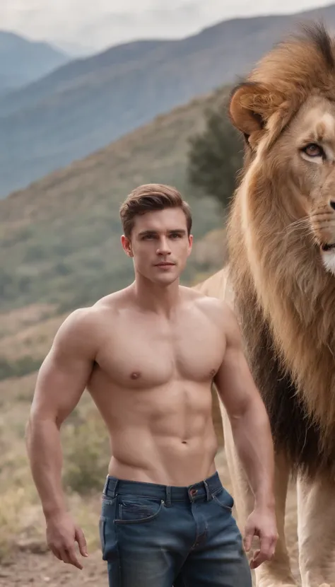 A handsome, burly, burly young Englishman without clothes, wearing only trousers, jeans, stands with a big lion while looking at the camera with a backdrop of mountains.