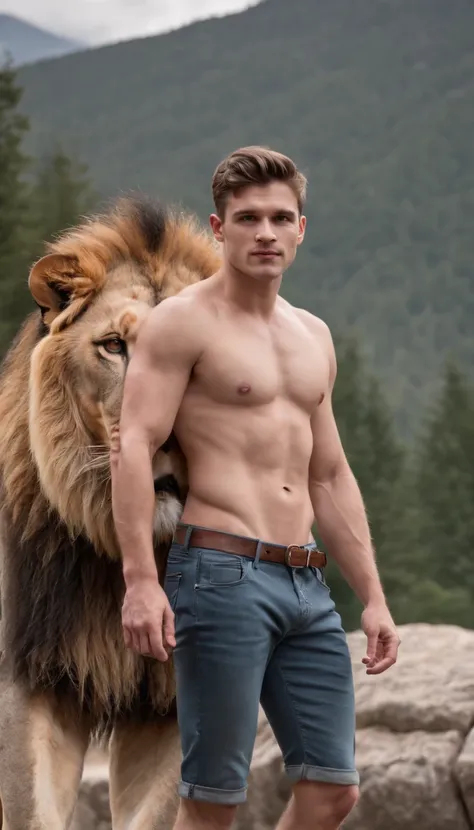 A handsome, burly, burly young Englishman without clothes, wearing only trousers, jeans, stands with a big lion while looking at the camera with a backdrop of mountains.