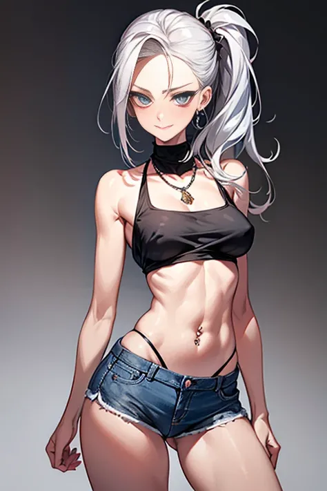 Black Thin Tube tops, denim hot pants, low rise tight skirt, navel piercing, silver hair, super long hair, invisible pointed nipples, (under-boobs), forehead visible, tongue out, wink, blushed, tattoo, cameltoe pantie, thong, g-strings, Beautiful clavicle,...