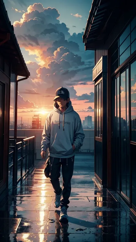 cinematic artwork of a man walking alone, (he is looking up:1, wearing a hoodie, wearing a sports hat, laughing, hands in the po...