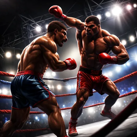 Ultra-detailed, high-quality masterpiece (best quality, 4k, 8k, high-res) of a thrilling professional boxing match, featuring a muscular male boxer displaying intense action in the center of the boxing ring, surrounded by the ropes and a roaring crowd. The...