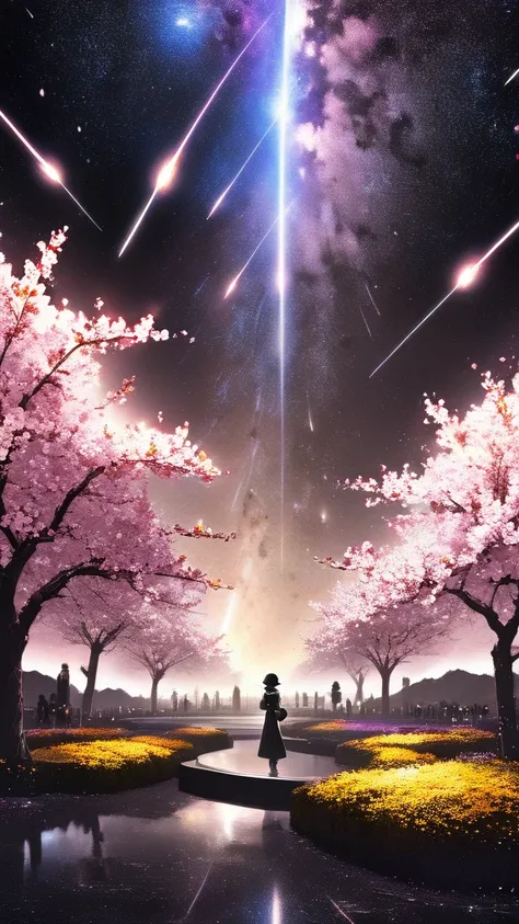 monochrome, masterpiece, conceptual art, panorama, in the center, figure, wide shot, flower garden, night, (meteors), Space galaxy background, (Great composition, Epic proportions), dynamic lighting, bright colors, Cherry blossoms,