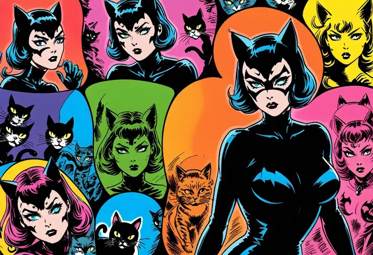 comic 1960s, Catwoman, Catgirl (soon to be Catwoman) with cat, girl with ethereal spirit cat, cinematic poster, image within image, multiple exposure, massive scale, rich color grading for shading depth, hand drawn rotoscope cartoon realism, chiaroscuro li...