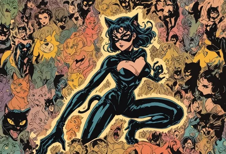 comic 1990s, Catwoman, Catgirl (soon to be Catwoman) with cat, girl with ethereal spirit cat, cinematic poster, image within image, multiple exposure, massive scale, rich color grading for shading depth, hand drawn rotoscope cartoon realism, chiaroscuro li...