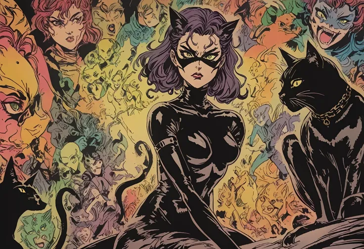 comic 1990s, Catwoman, Catgirl (soon to be Catwoman) with cat, girl with ethereal spirit cat, cinematic poster, image within image, multiple exposure, massive scale, rich color grading for shading depth, hand drawn rotoscope cartoon realism, chiaroscuro li...