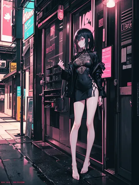 a mature woman, tall, thin, pink and black hair, provocative, sexy, long legs, in black lace lingerie, humiliated, standing in the middle of a deserted street at night, barefoot, full body, having an intense orgasmic expression, cinematic lighting, dramati...