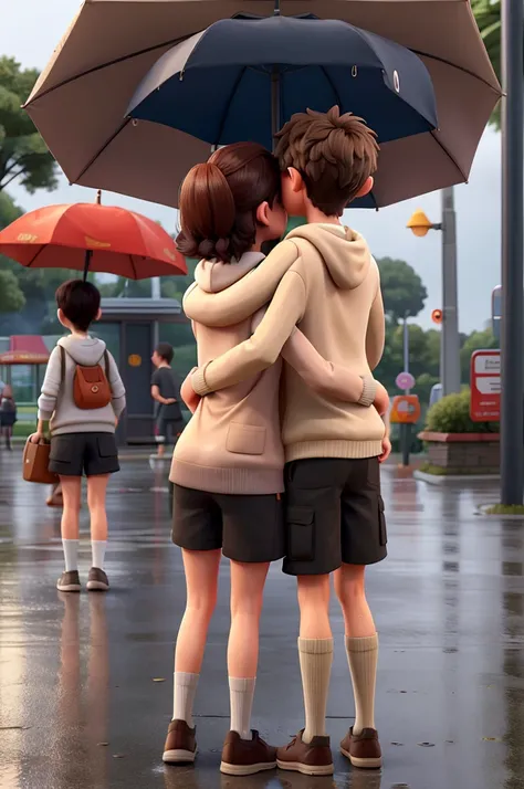 two person hugging each other under the umbrella while the girl is wearing a khaki cardigan and black shorts while the guy has a brown hoodie and white shorts infront of McDonalds while theres a heavy rain only their back can see 