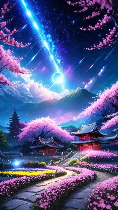 masterpiece, concept art, panorama, in the center, figure, wide shot, flower garden, night, (meteors), space galaxy background, ...