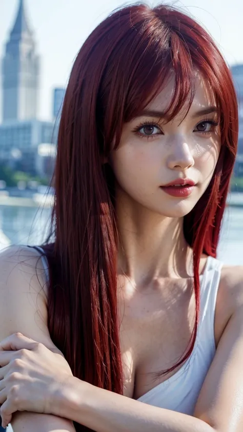 a close up of a person with long hair and white coltehs, erza scarlet, erza scarlet from anime naruto, as an anime character, perfect anime face, she has red hair with bangs, female anime character, anime character, anime best girl, hime cut hairstyle, big...