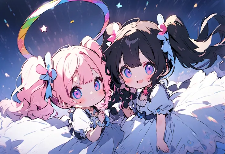 2females\(small kid,cute,kawaii,age of 10,2pigtails hair,curly hair,hair color cosmic,big eyes,eye color cosmic,cute dress,[cat ...