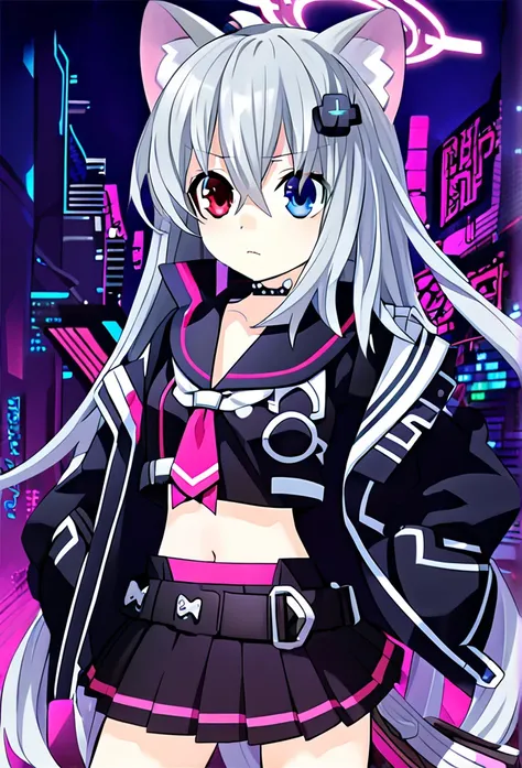 ((1girl)), ((grey hair)), cute, wavy long hair, cat-eared headset with neon light purple color, heterochromia eyes (blue eyes, red eyes), ((black and dark blue outfit)), white ornaments, red skirt, grey wavy hair, hair ornaments, dark blue opened cyberpunk...