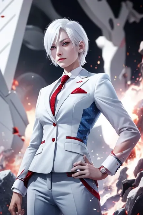 White hair, red eyes, white skin, short hair, good looking, suit