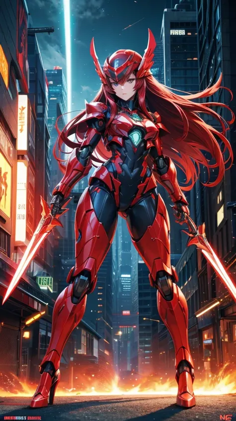 long red hair,Large female robot , Sci-fi fluorescent armor,helmet ,，chest，female body，Mechanical joints，wing，thigh， High heel, Standing，front，sci-fi sword，City