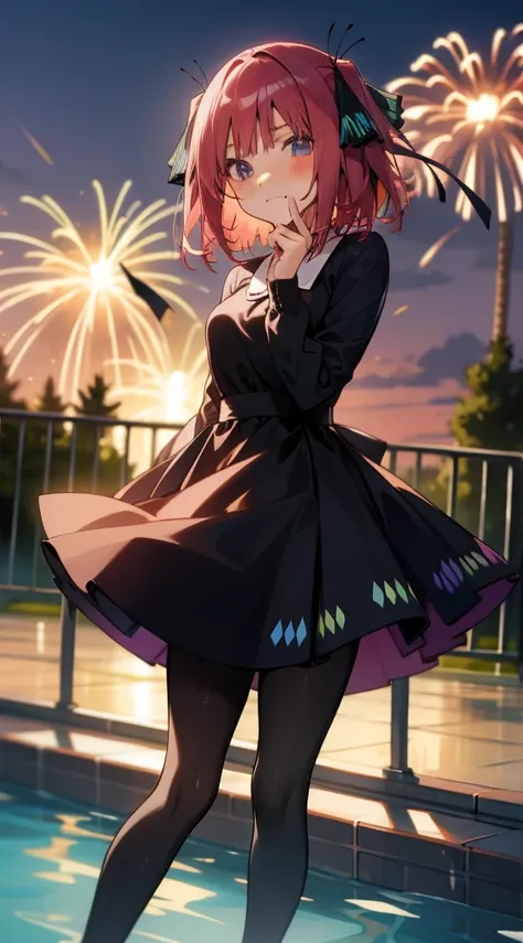 anime girl, looks at viewer, tokyo, pink hair, two black and blue butterfly bows, black tights, elegant dress, short hair, , sunset, closed mouth, happy, tights, swimming pool, fireworks