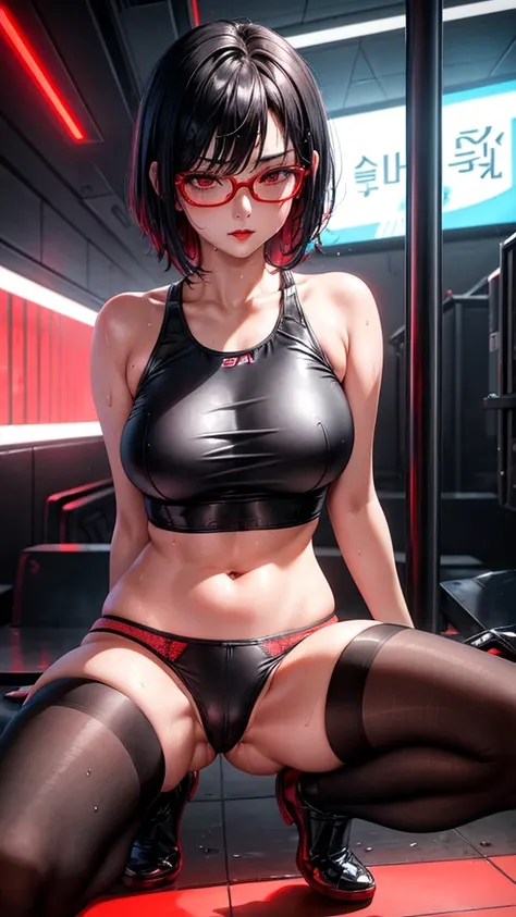 Beautiful girl,Korea, sitting on red light neon, futuristic,
 18 years old,Short hair, shoulder length,black hair, big breasts,wet, sweat, camel toe, red lips ,Wear glasses,
White underwear, sexy pose,
 red eyes, cyberpunk  world, Squat and spread your leg...