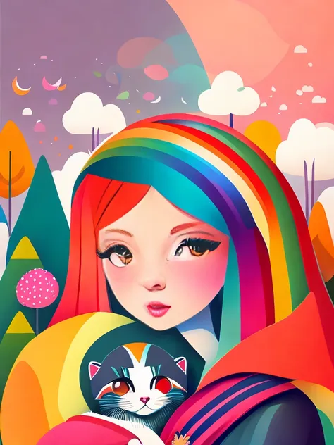 art illustration，1girl, holding a kitten，rainbow，portrait，trees，rich and colorful, contrasting colors, in the spring landscape, ...