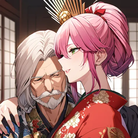 ((highest quality)), ((masterpiece)), (detailed), （Perfect Face）、（The woman is Rena, with short pink hair and a happy smile, and is hugging and kissing the strong and dignified Oda Nobunaga in a luxurious samurai mansion.、The woman is a consort to Oda Nobu...