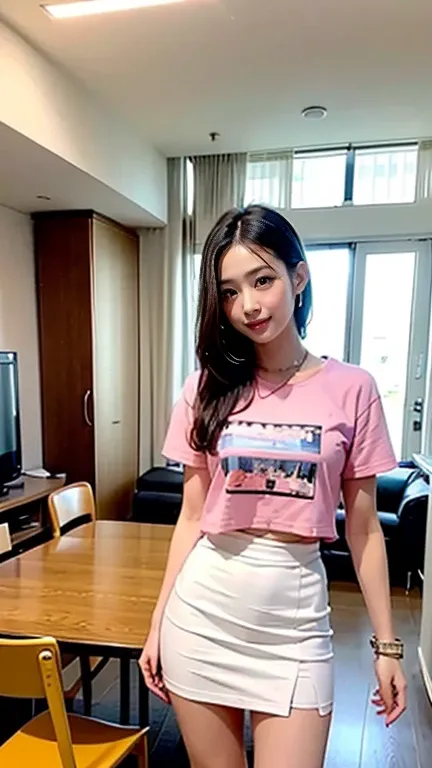 You are alone in the living room、Standing in front of a table and chairs、Wearing a pink T-shirt、She is wearing a pink mini skirt、I&#39;ll lift up that miniskirt with both hands.、I&#39;ll send you a shot of my cute panties.、Front camera angle、, UHD, accurat...