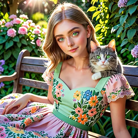 a girl with a cat, detailed facial features, green eyes, long eyelashes, cute expression, sitting on a garden bench, sunlight fi...