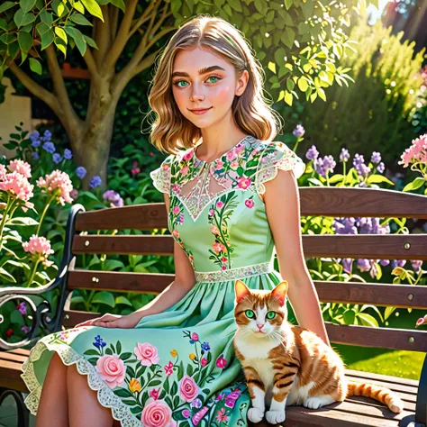 a girl with a cat, detailed facial features, green eyes, long eyelashes, cute expression, sitting on a garden bench, sunlight fi...