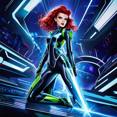 a sassy, obnoxious red-haired dominatrix woman, (sandra bernhard age 25), in a tron-inspired futuristic sci-fi setting, punishin...