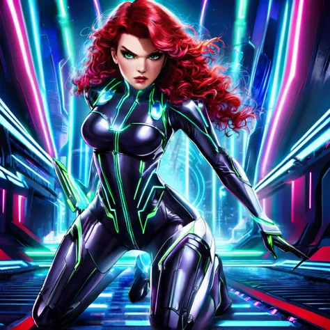 a sassy, obnoxious red-haired dominatrix woman, (sandra bernhard age 25), in a tron-inspired futuristic sci-fi setting, punishin...