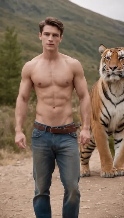 A handsome, burly young man from England without clothes, only wearing trousers, jeans, stands with a large tiger while looking at the camera with a mountainous background.